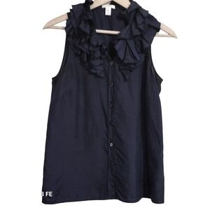 J.Crew Ruffle Collar Sleeveless Silk Blouse Womens 4 Navy Blue Preppy Office